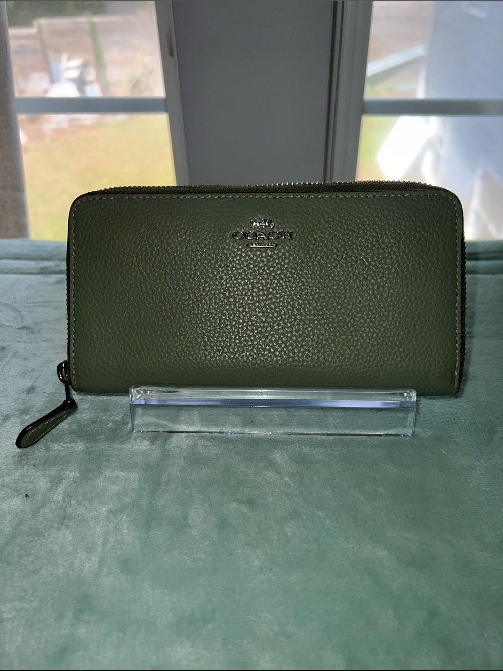 Coach Olive Pebbled Leather Zip-Around Wallet in Dark Green